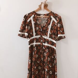 Bohme Black Floral V-Neck Button Front Ivory Striped Short Sleeve Midi Dress